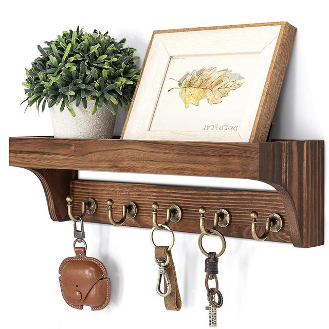 Rebee Vision Pine Wood Key Holder Wall Mount - Multifunctional Key Holder for Wall with Hooks and Shelf for Mail, and Hats - Perfect for Home and Office Organization (Vintage Brown)