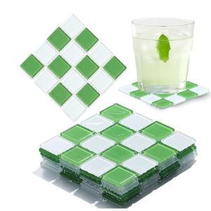 Queekay Green and White Checkered Coaster Set of 6 for Drink 4" Square Glass Drinks Tiled Coaster Plaid Place Mat for Coffee Table Bar Plate Home Decoration Gifts for Mom