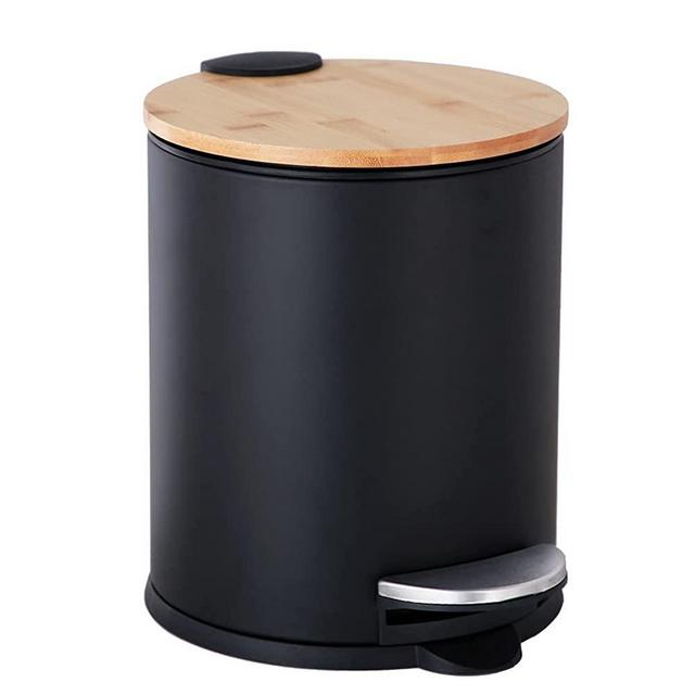Small Bathroom Trash Can with Bamboo Lid Soft Close and Foot Pedal, 1.3Gal/5L Round Garbage Can with Removable Inner Wastebasket for Bedroom, Powder Room, Craft Room, Office, Kitchen, Black