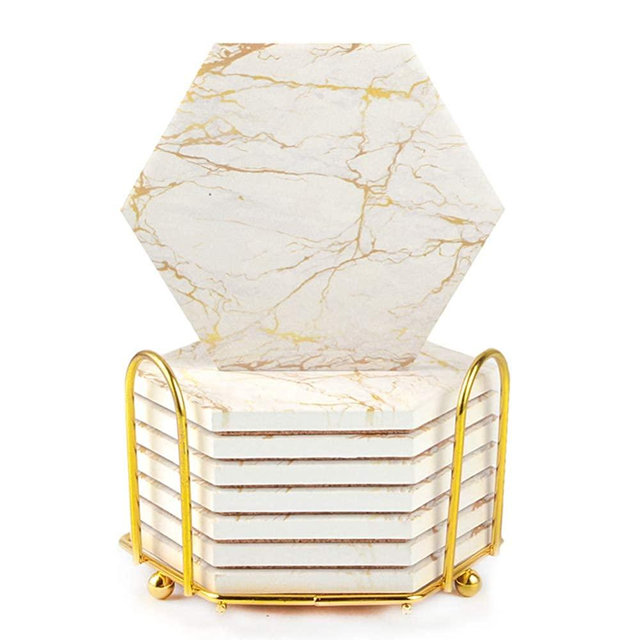 Marble Coasters for Drinks Absorbent with Cork Base, 8pcs Drink Coasters for Wooden Table with Metal Holder, Gold Ceramic Cup Coaster Set Rustic Home Decor for Living Room Bar - Housewarming Gifts