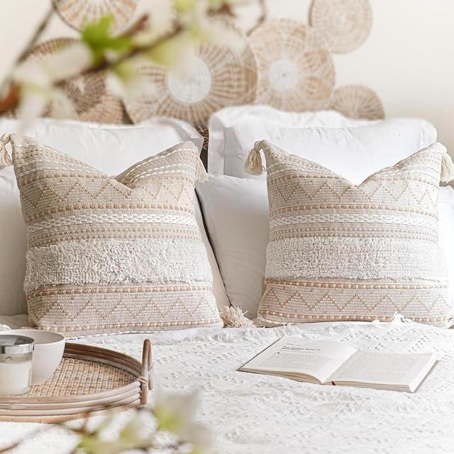BlissBlush Decorative Throw Pillow Cover 20x20 Combo Set of 2 Square Cream Neutral White Boho Accent Pillowcase Tassels Farmhouse Cushion for Couch Sofa Bedroom Living Room Home Décor Cover ONLY