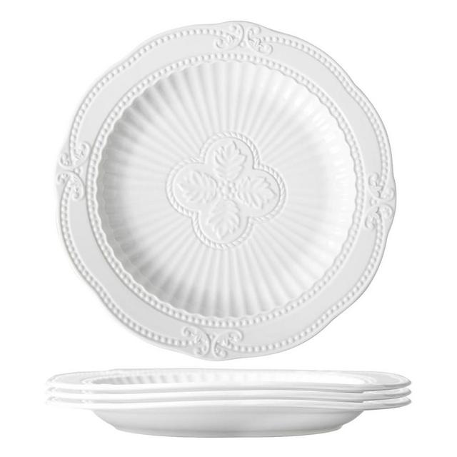 Feenmai Dinner Plates Set of 4, 10 inch Ceramic Serving Platters, White Dessert Plates, Embossed Porcelain Plates for Salad, Appetizer, Steak, Pasta, Dishwasher Safe