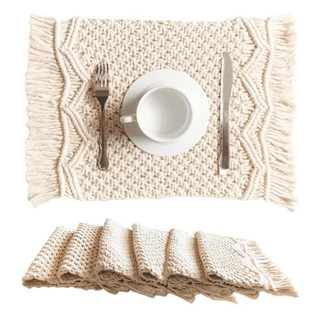 SnugLife Macrame Placemats Set of 6 - Handmade Cotton Woven Boho Placemats - Modern Farmhouse Fringe Placemats for Dining Table, Kitchen, Bohemian Wedding Décor, Rustic Natural Off White, 12”x18”