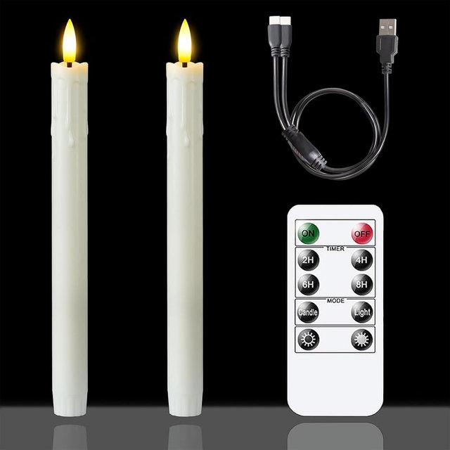 Zevanor Rechargeable Flameless Timer Remote Taper Candles, 2pcs 0.86" x10" LED Flickering Dripping Wax Window Tall Fake Ivory Plastic Candlesticks(USB Charging Cable Included)