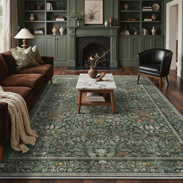 GENIMO 8x10 Washable Area Rug, Non-Slip Vintage Boho Floral Carpet, Large Area Rug for Living Room, Soft Low-Pile Thin Living Room Rug for Bedroom, Dining Room, Nursery, Charcoal Green