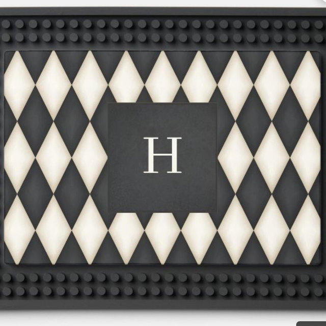 Black & Antique White Harlequin Monogrammed Bar Mat