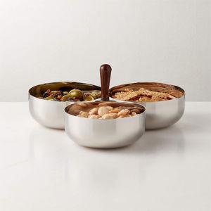 Kalman Polished Stainless Steel and Walnut Wood Serving Bowl Trio + Reviews | CB2