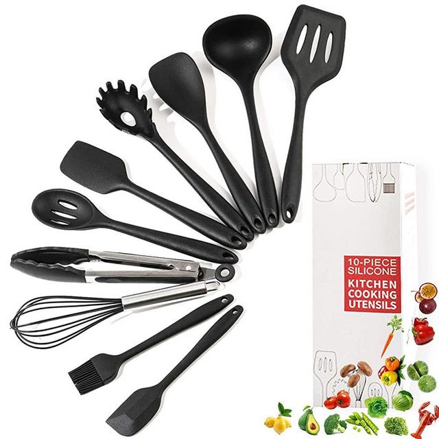 Silicone Cooking Utensils Set Heat Resistant Cooking Utensils Set NoScratch Easy To Clean BPA - Free Kitchen Utensils Set For Cooking 10PCS（BLACK）