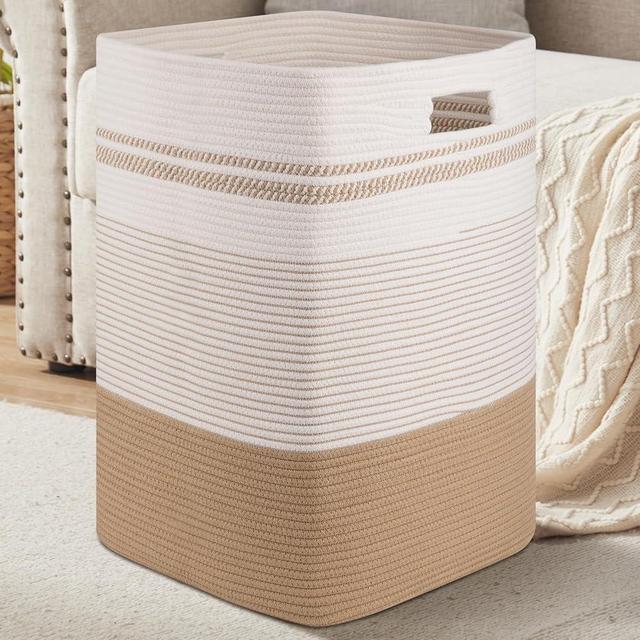 SIXDOVE Laundry Hamper, Large Woven Rope Tall Laundry Basket with Handles, 24" X 16" X 16", Decorative Storage Basket for Clothes and Blankets in Living room, Bedroom, Jute & White