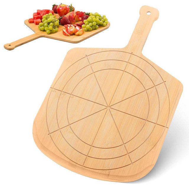 Loftern Wooden Pizza Peel 12 Inch Board with Engraved Sizes - Multi-Purpose Bamboo Pizza Cutting Board, Wood Pizza Peel, Pizza Spatula Paddle, and Serving Board with Size and Cutting Guide