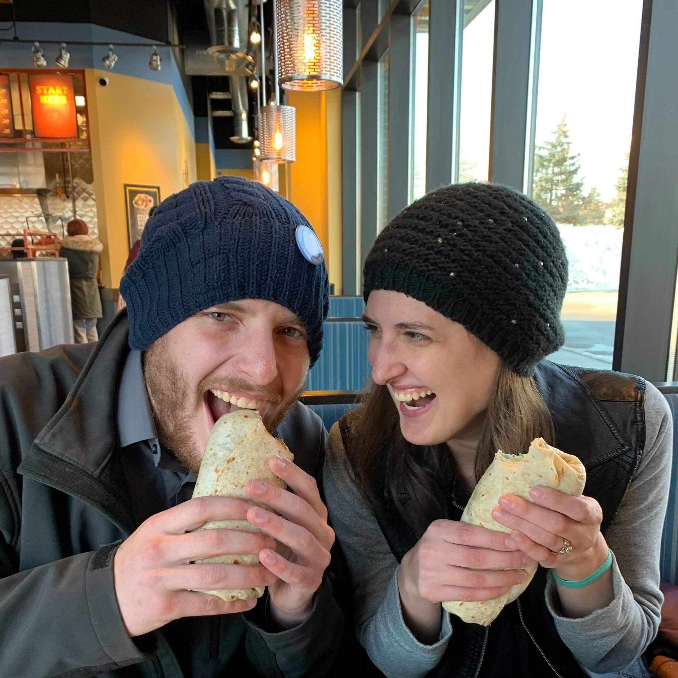 Eating a celebratory burrito after we got ENGAGED!