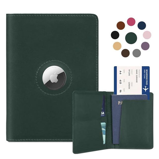 Airtag Passport Holder for Men Women Travel, Real Leather Passport Wallet, Handmade Passport Cover Case with Airtag Slot, Travel Must Haves Essentials Accessories Birthday Gifts (Crazy Horse, Green)