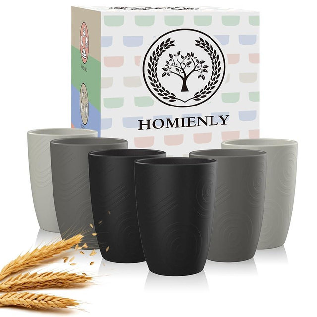 Homienly Wheat Straw Stackable Water Tumblers 6 PCS Cups Alternative to Plastic Cups Unbreakable Drinking Cup Reusable Dishwasher Safe Water Glasses Dishwasher and Microwave Safe(12 OZ Grey Stone)