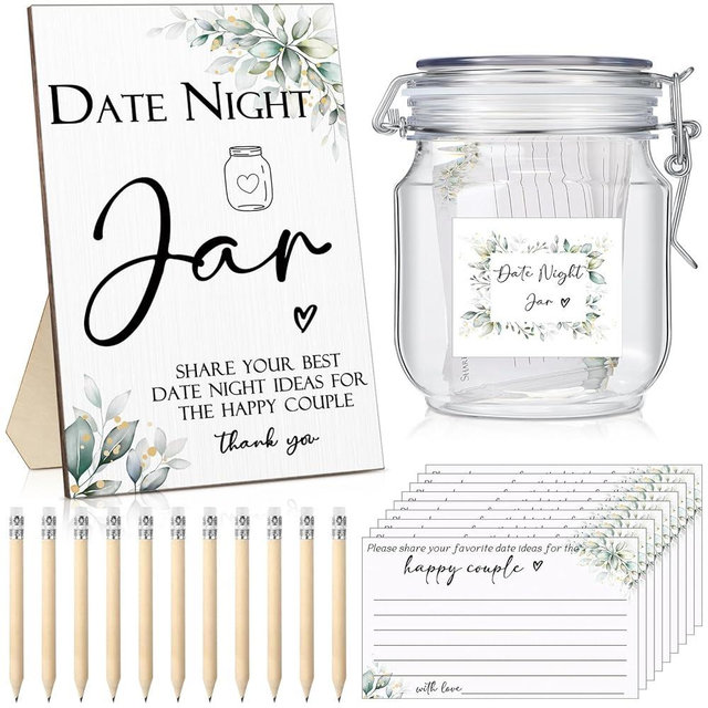 Geelin 114 Pcs Bridal Shower Games Include Date Night Jar Wooden Sign 100 Cards 10 HB Pencils 2 Stickers for Fresh Off The Market Wedding Reception Games Date Idea Party Favors Decoration(Greenery)