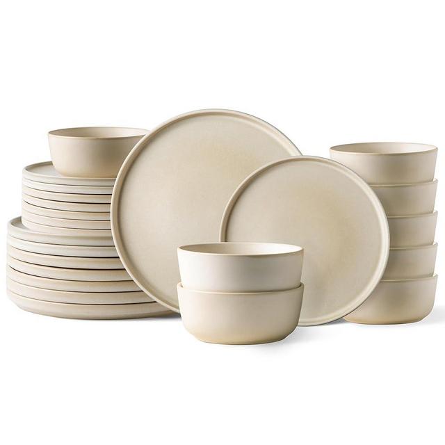 AmorArc Stoneware Dinnerware Sets of 6,Reactive Ceramic Plates and Bowls Set,Highly Chip and Crack Resistant | Dishwasher & Microwave Safe | Round Dishes Set Service for 8 (24pc)-Matte Ivory