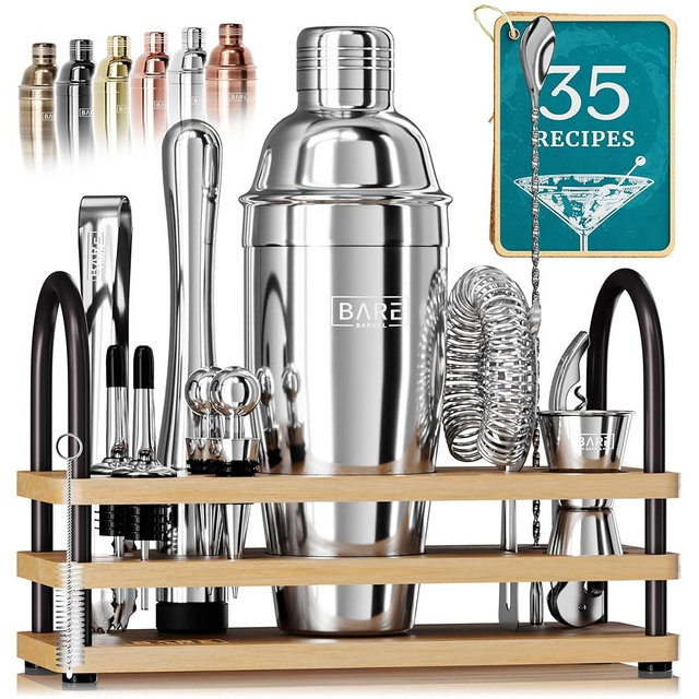 BARE BARREL® Mixology Bartender Kit Bar Set | 14-Piece Cocktail Shaker Set | Pro Barware Mixing Tools for Home Bartending | Incl. 35 Recipe Cards | Gift Set (24oz Martini, Bamboo Silver)