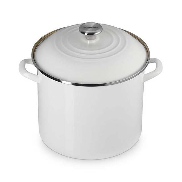 Le Creuset Enamel on Steel Traditional Stockpot, 12 qt., White with Stainless Steel Knob