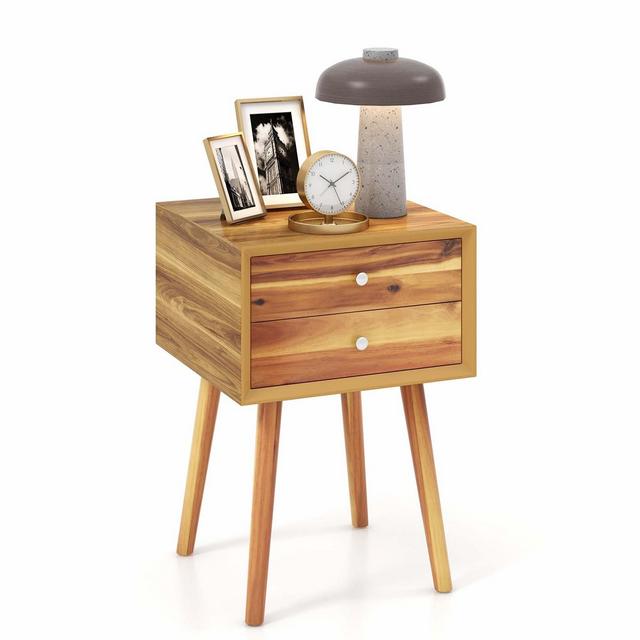 Costway Wooden Nightstand Mid-Century End Side Table Bedroom W/2 Storage Drawers Natural