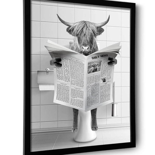 Framed Bathroom Decor, Highland Cow Wall Art in Picture Frame, Funny Bathroom Wall Art Signs, Black and White Canvas Print Ready to Hang (Framed,11''x14'')