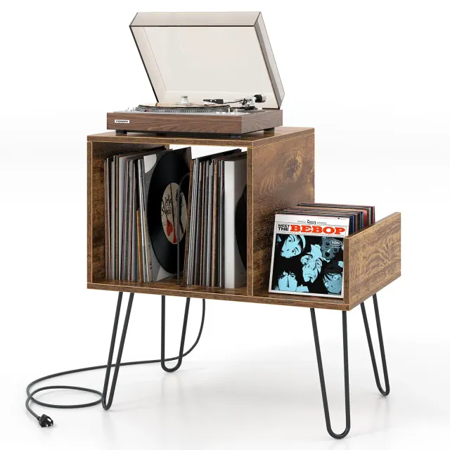 Costway Record Player Stand Turntable Stand w/ Built-in Charging Station Metal Legs Rustic Brown