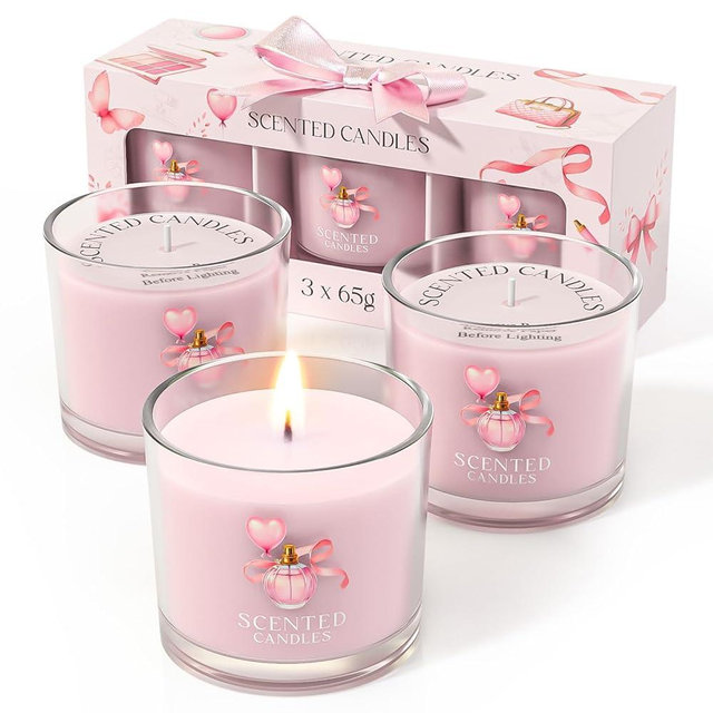 CHILLFLAME Pink Candles, Scented Candle Gift Set for Stress Relief, 3 Votive Candles for Women and Men, Birthday Candle Gifts for Women, Candles Gifts for Women (Pink, 7 oz)