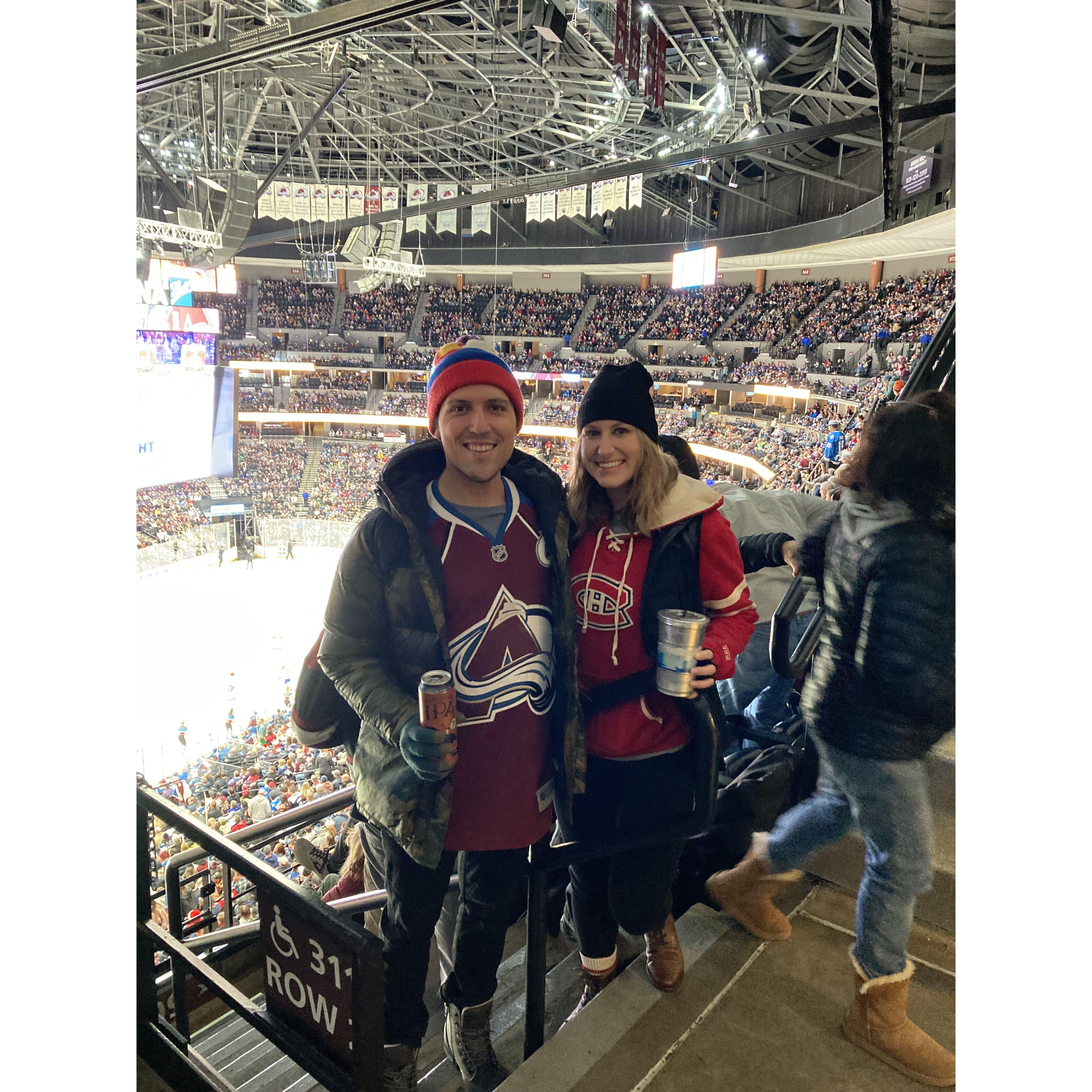 Jack surprised Leiya with Habs tickets for Christmas! 

He didn't feel like wearing her women's Habs jersey (so weird), so borrowed her Avs one instead. To no one's surprise, the Avs won.