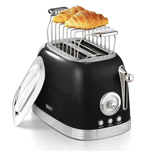 Wiltal Glossy Black Cute Retro Toaster 2 Slice with 1.58" Wide Slots, Bread toaster with Cover and Warm Rack, Stainless Steel Toaster with Removable Crumb Tray, Preheat, Defrost, Cancel Function
