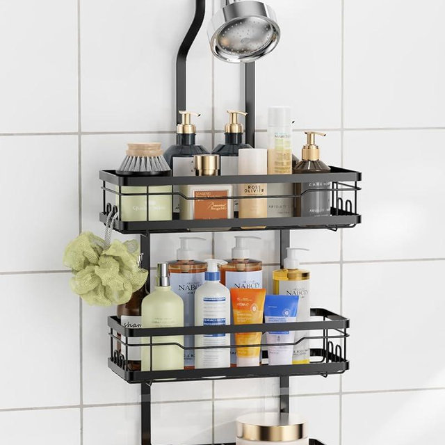 OMAIRA Shower Caddy Hanging with Soap Scrub Holder, Stainless Steel Adjustable No Drilling Non-Slip Large Capacity Sturdy Over Shower Head Shower Organizer Inside Shelves Bathroom Storage Rack, Black