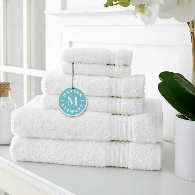 MARTHA STEWART Egyptian Cotton Bath Towels Set - 6 Piece, 2 Bath Towels - 2 Hand Towels - 2 Washcloths, Absorbent Bathroom Towels, Bathroom Essentials, White