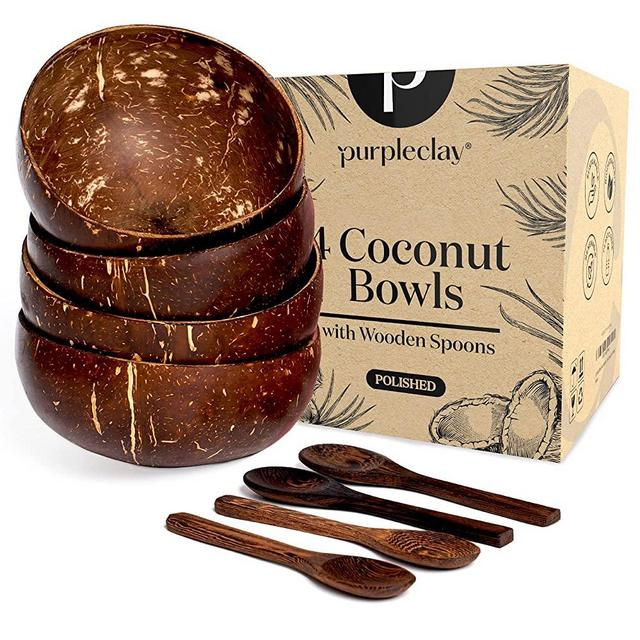 PURPLECLAY Coconut Bowls And Wooden Spoons Set of 4 - Vegan Organic Salad Smoothie or Buddha Bowl Kitchen Utensils (4, Polished)