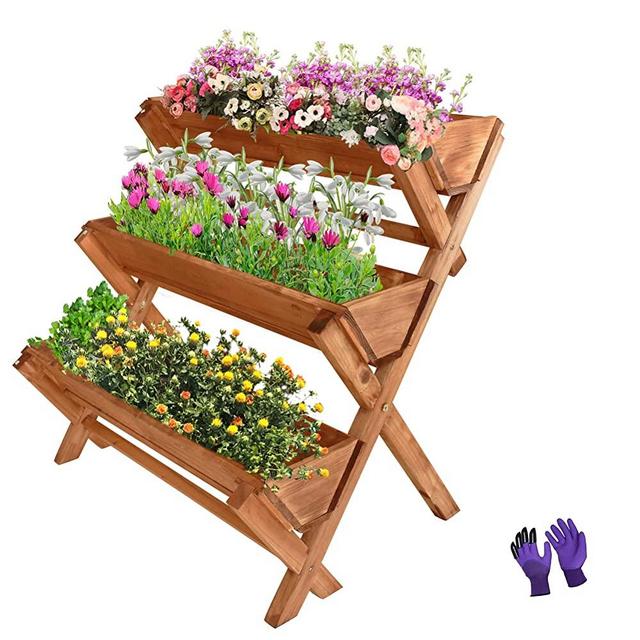 LZRS 35x22x36 inches 3-Tiers Wooden Raised Garden Bed, Fir Wood Flower Rack Vertical Flower Pot Stands for Patio, Balcony, Freestanding Indoor Outdoor