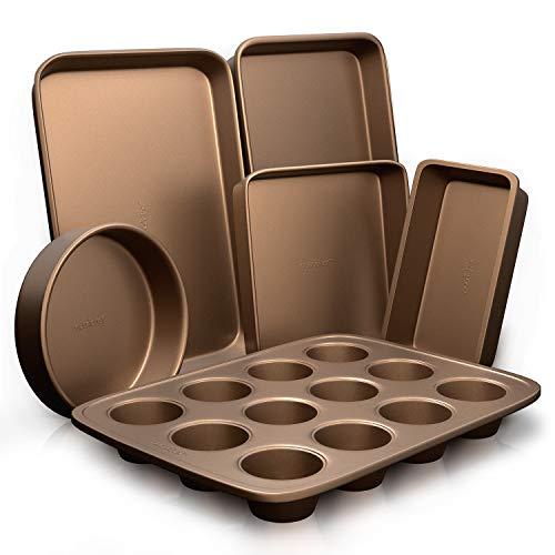 6-Pcs Nonstick Bakeware Set-Highest-Quality Baking Sheets, Non-Grease Cookie Trays, Wide & Square Bake Pan, Bread Loaf & Round Cake Pan, Designed Not To Wrap or Bend Out Of Shape - NutriChef NCBK6TR7