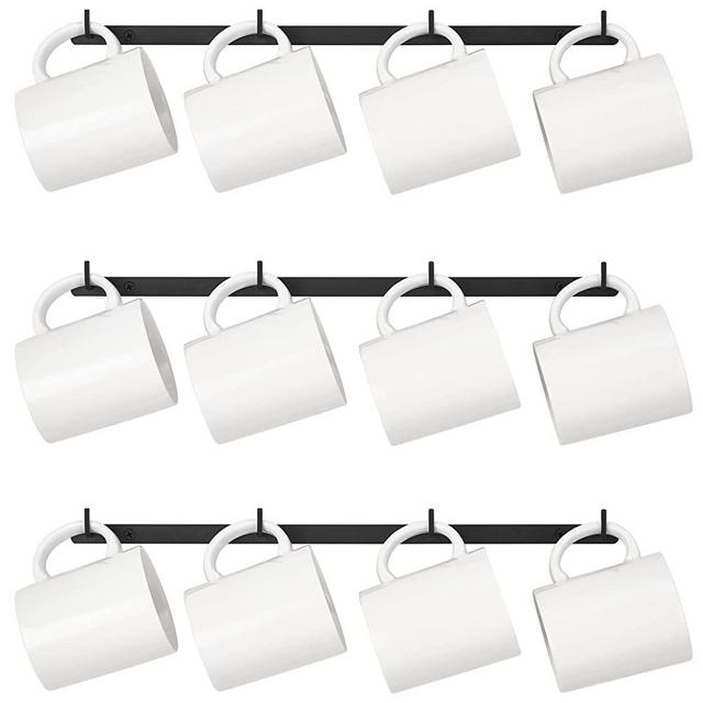 Dahey Mug Holder Metal Coffee Mug Rack Wall Mounted with 12 Mug Hooks, Mug Display Rack Cup Holder Storage for Kitchen Dining Room Coffee Bar, Set of 3, Black