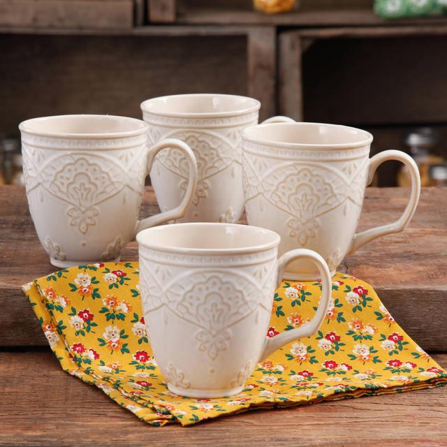 The Pioneer Woman Farmhouse Lace 4-Piece 17-Ounce Mug Set, Off White