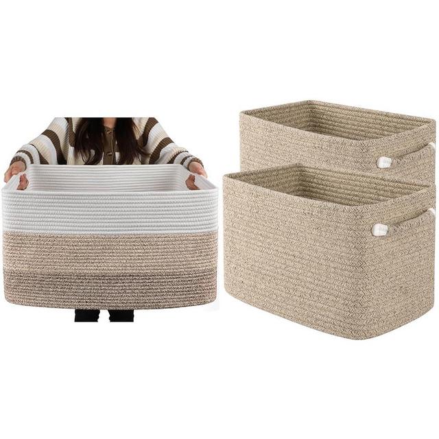 OIAHOMY Large Rectangle Blanket Basket, Woven Nursery Cotton Rope Baskets for Storage-22”x17”x12”-Gradient Yellow/OIAHOMY Woven Baskets for Storage, Toy Basket, Decorative Storage Bins