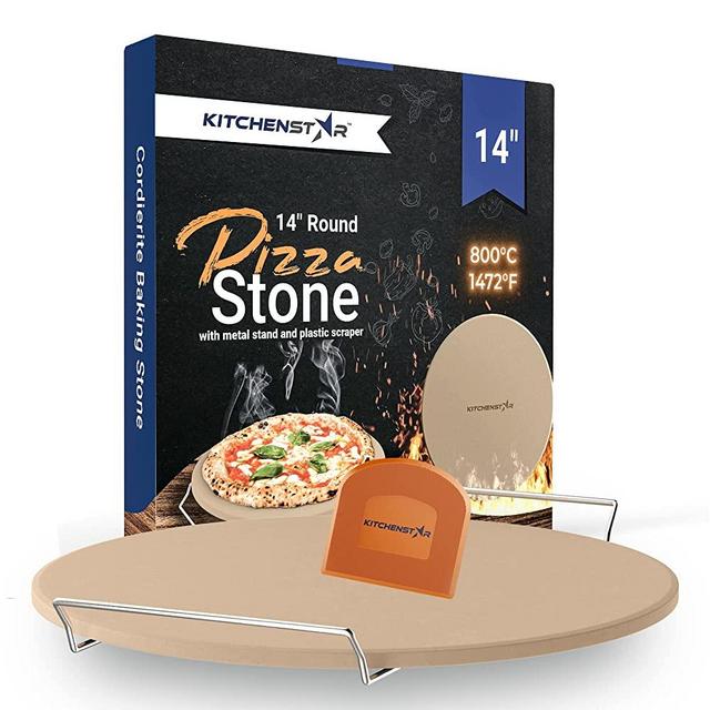 Pizza Stone for Oven and Grill 14 inch - Cordierite Baking Stone Set with Stainless Steel Rack and Plastic Scraper - Durable and High-Quality Ceramic Pizza Stones for Grill and Oven