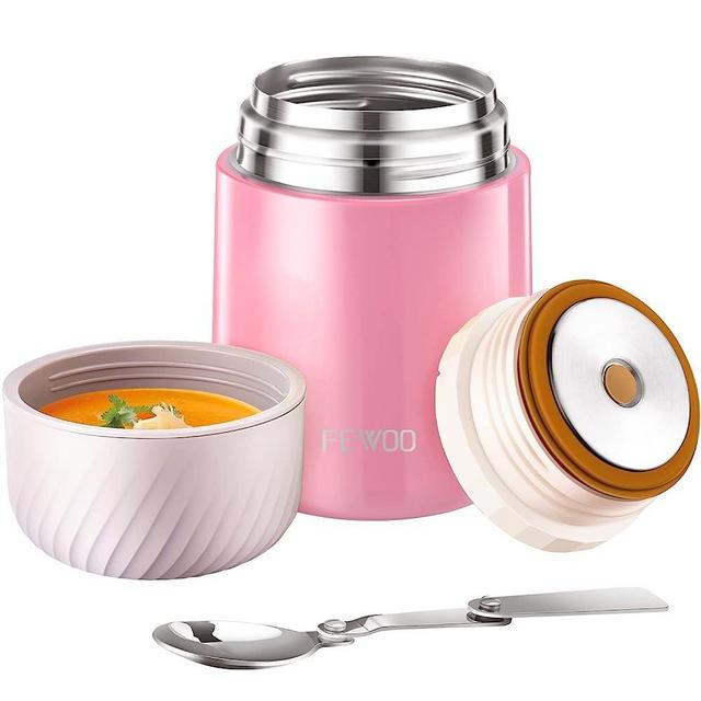 FEWOO Food Thermos - 20oz Vacuum Insulated Soup Container, Stainless Steel Lunch box for Kids Adult, Leak Proof Food Jar with Folding Spoon for Hot or Cold Food (Pink)