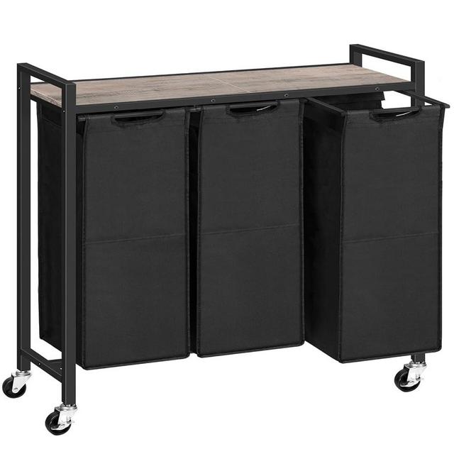 HOOBRO Laundry Sorter 3 Section, Laundry Hamper with Wheels, 3 × 11.5 Gal (43.5L), Rolling Laundry Basket, Pull-Out and Removable Oxford Fabric Laundry Bags, Greige and Black BG76XY01