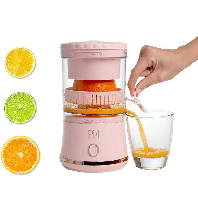 Paris Hilton Electric Citrus Juicer, Mini Portable Cordless Juicer with USB Rechargeable Base, One-Touch Button, Compact Lemon, Lime and Orange Juicer, Pink