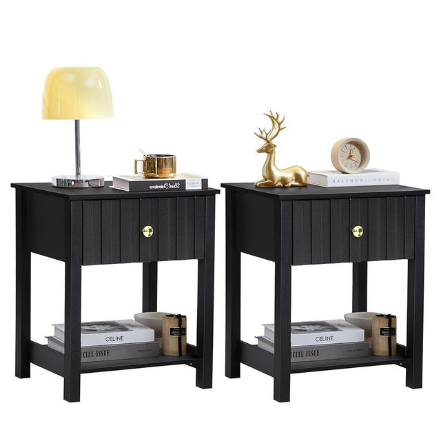 Wood Nightstand Set of 2, 21.65" H Bedside Table with Wide Fluted Finish, Modern Night Stands with Drawer, Mid Century End Table for Bedroom (Black-2 Packs)