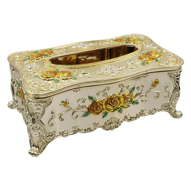 Tsnamay 9.45"x5.43"x3.94" Luxurious Rose Tissue Box with Imitation Diamonds, Embossed Flowers, Elegant Tissue Paper Holders for Home Toilet Bath Hotel,Gold-Yellow