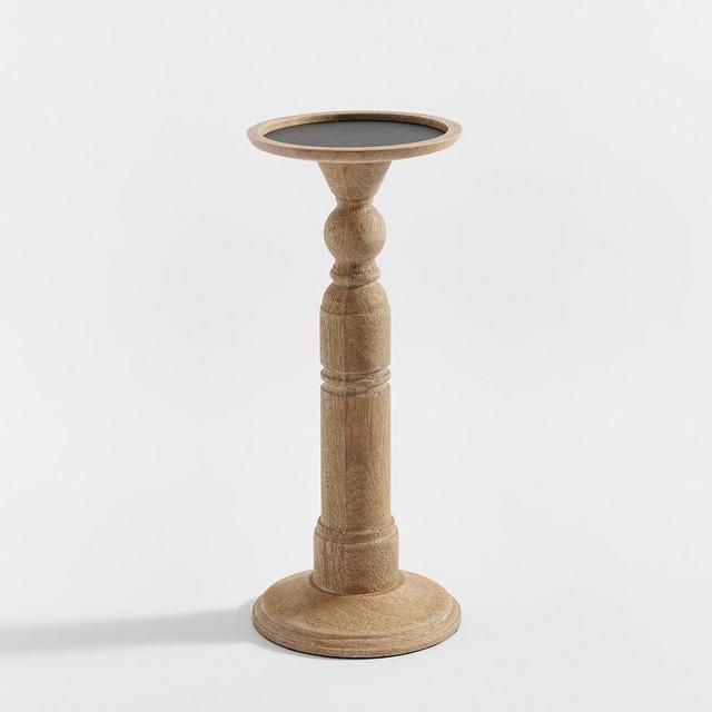 Kadence Turned Wood Pillar Candleholder, Large - Light Brown
