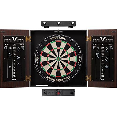 Viper Stadium Cabinet & Shot King Sisal/Bristle Dartboard Ready-to-Play Bundle with Two Sets of Steel-Tip Darts, Throw Line, and Dry Erase Scoreboards, Walnut Finish