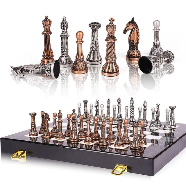 Retro Metal Chess Set for Adults and Kids – Marbling Chess Board with Chess Pieces – Travel Chess Set with Metal Pieces – Folding Chessboard – Ideal for Beginners and Professional Players…