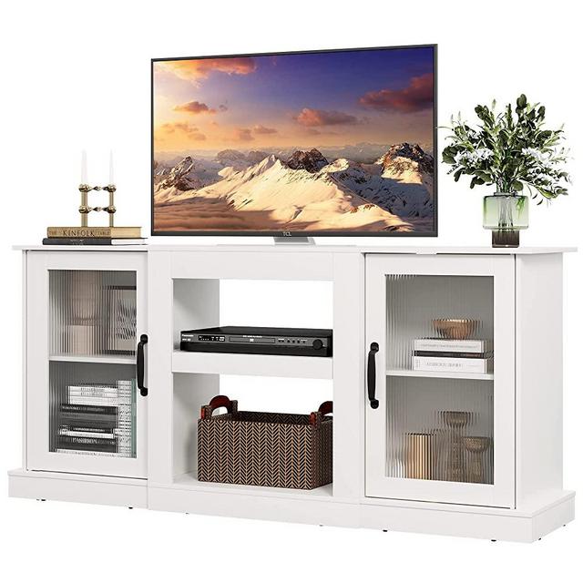 WLIVE Retro TV Stand for 65 inch TV, TV Console Cabinet with Storage, Open Shelves Entertainment Center for Living Room and Bedroom, White