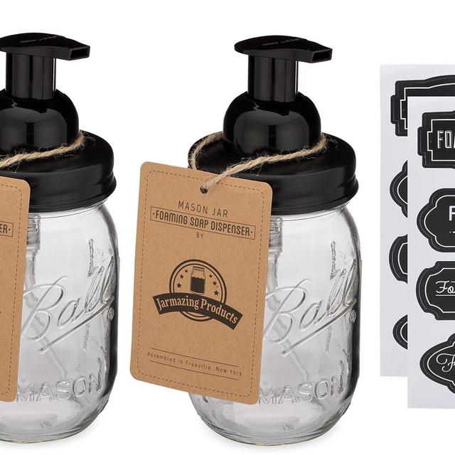 Jarmazing Products Mason Jar Foaming Soap Dispenser - Black - with 16 Ounce Ball Mason Jar - Two Pack!