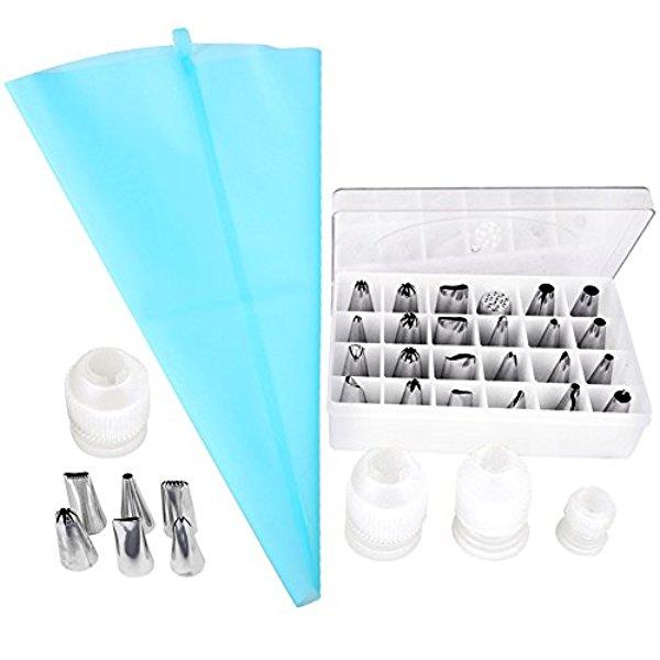 My Pastry Bag | 36pcs Professional Cake Decorating Set Including Nozzles Storage Case Piping Bag and Couplers | Stainless Steel and Silicone Material | Reusable Dishwasher Safe | Silver Blue | 809.2