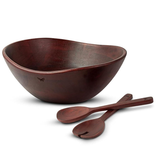 Melvvi Large Wooden Salad Bowl Set with 2 Serving Utensils | 12" Acacia Wood Royal Brown color Bowls for Food | Great Gift for Mothers Day (Royal Set of 3)