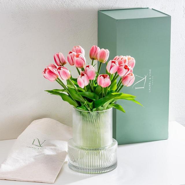 Pink Tulips with Vase Ribbed Glass Vase with 20 Realistic Artificial Flowers Gift Set. Fluted Clear Flower Vase and Fake Tulips Entryway Living Room Table Office Shelf Decor Faux Spring Decor