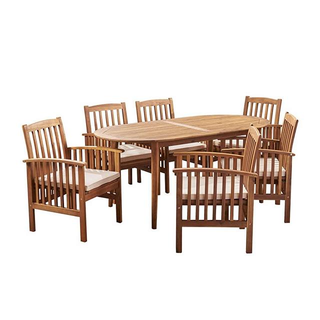 Great Deal Furniture Spring Acacia Patio Dining Set, 6-Seater, 71" Oval Table with Straight Legs, Teak Finish, Cream Outdoor Cushions